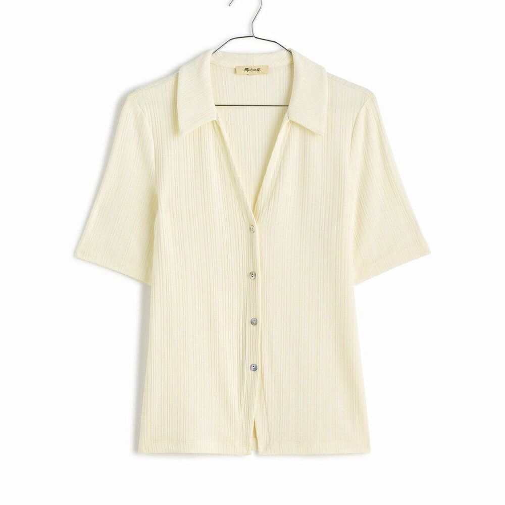 Madewell Women’s Cutaway Hem Polo Top Rib Knit Collared Button-Up Short Sleeve